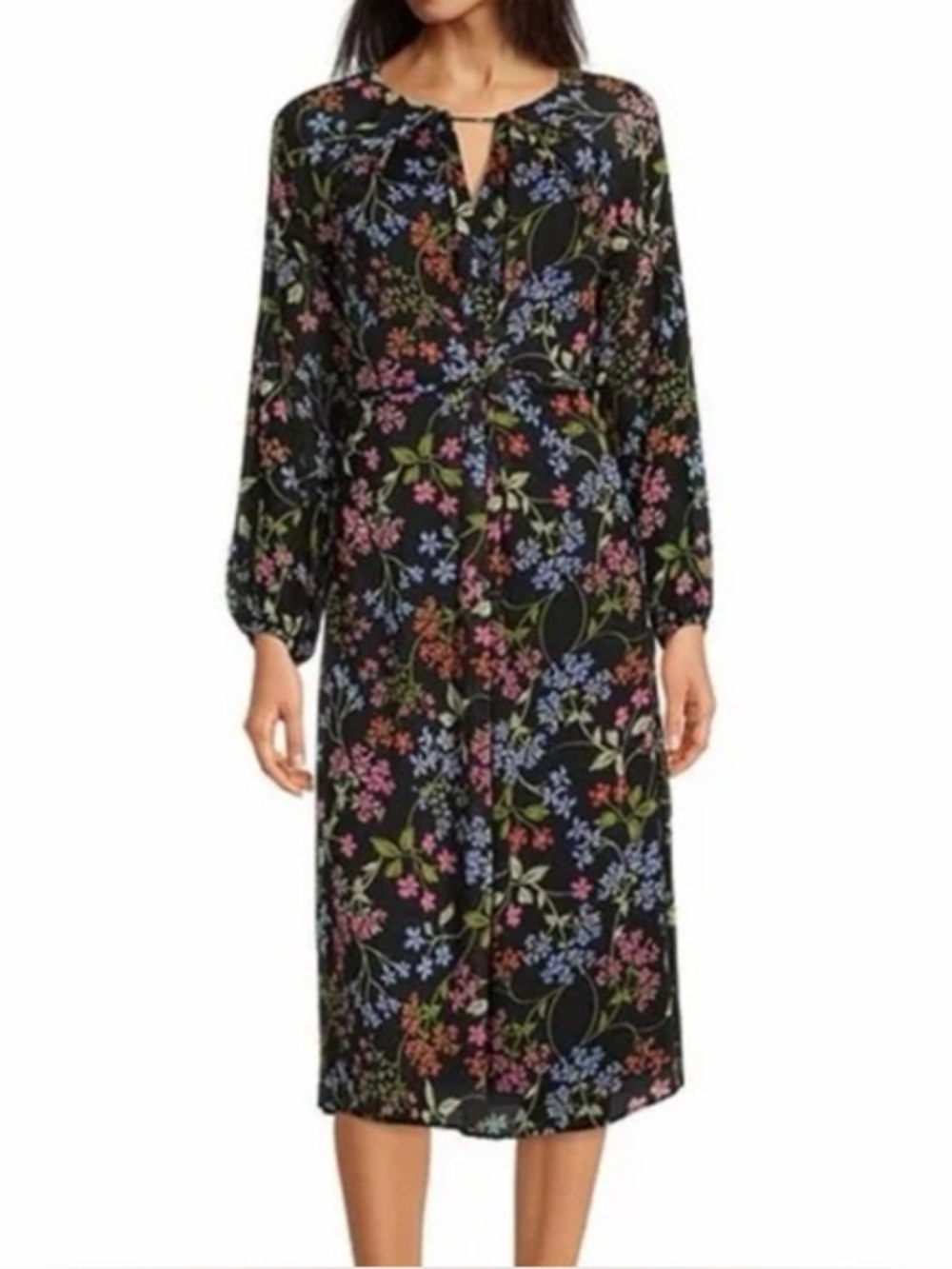 Calvin Klein Dress Midi A-Line Flare Long Sleeve Belted Chiffon Keyhole